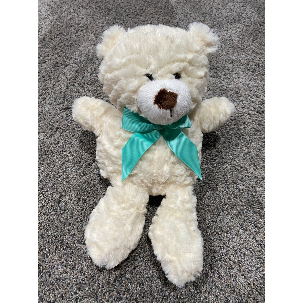 Animal Adventure Cream Teddy Bear Plush Textured Wavy Fur Teal Ribbon